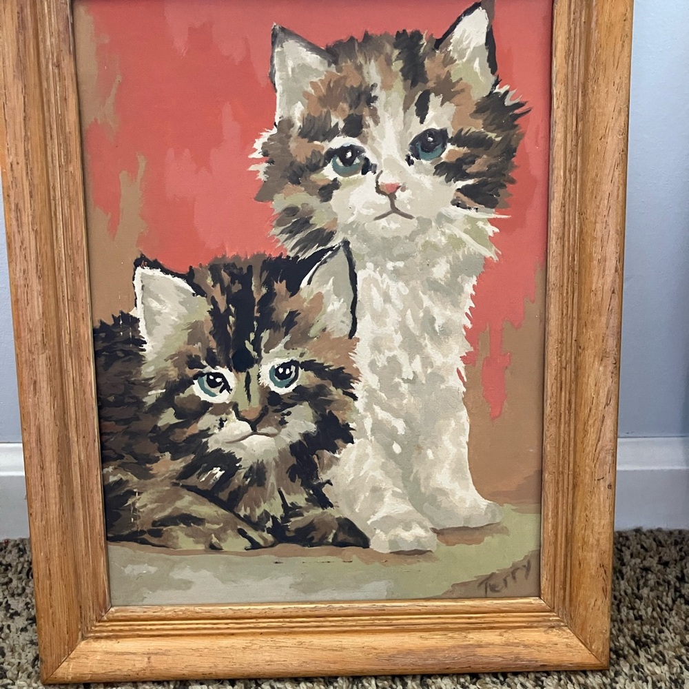 Cat art paint on board. Framed.